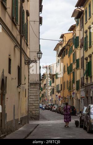 Locale Donna cammina cane su Back Street di Firenze, Italia Foto Stock