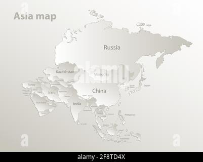 Mappa Asia, separa stati e nomi, carta cartoncino vettore naturale 3D Illustrazione Vettoriale