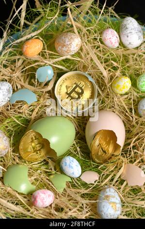 Galati, Romania - 13 Aprile 2021 Studio shot di valuta dorata di Bitcoin e uova di Pasqua Foto Stock