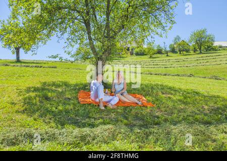 Primo piano di una giovane coppia caucasica che ha una bella picnic all'aperto Foto Stock