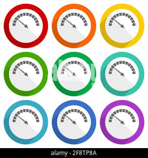 Misuratore di velocità, icone vettoriali ad indicatore rapido, set di pulsanti colorati dal design piatto per applicazioni di webdesign e mobili Illustrazione Vettoriale