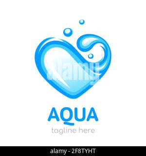 Acqua a forma di cuore. Logo Aqua. Concetto di progettazione di acqua pulita. Illustrazione vettoriale, isolata su sfondo bianco Illustrazione Vettoriale