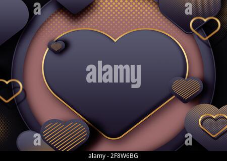 Illustrazione 3d di cuori neri e dorati isolati su sfondo nero. Cornice a forma di cuore, design pulito con spazio di copia. Mock-up, matrimonio, San Valentino Foto Stock