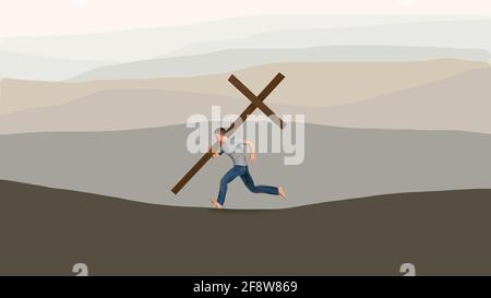 Un giovane corre mentre porta una grande croce di legno di fronte ad una serie di colline sullo sfondo. Questa è un'illustrazione 3-D sulla religione. Foto Stock