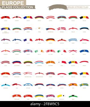Pennello arrotondato con bandiere europee. Set di flag vettoriali. Illustrazione Vettoriale