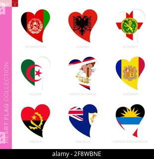 Сollection di bandiere a forma di cuore. 9 icona cuore con bandiera di paese Afghanistan, Albania, Alderney, Algeria, Samoa americane, Andorra, Angol Illustrazione Vettoriale