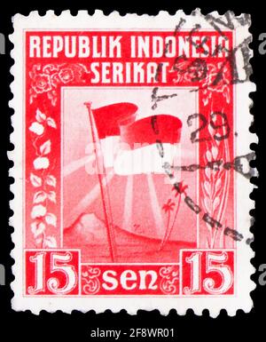 MOSCA, RUSSIA - 1 OTTOBRE 2019: Francobollo stampato in Indonesia spettacoli , serie, circa Foto Stock