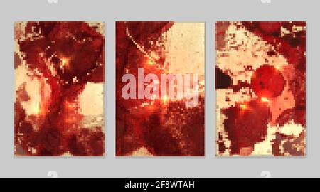 Motivo oro e rosso con texture di geode e scintille. Background vettoriale astratto nella tecnica dell'inchiostro alcolico. Vernice moderna con glitter. Set di backdr Illustrazione Vettoriale