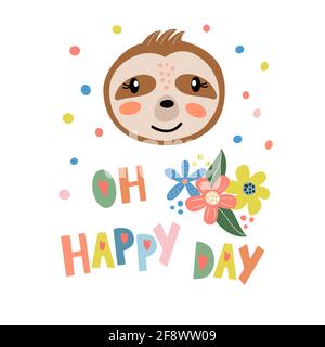 Cute faccia sloth con scritta - OH giorno felice Illustrazione Vettoriale