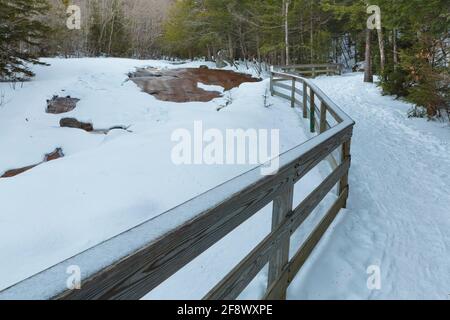 Table Rock lungo Flume Brook a Flume Gorge in Franconia Notch, New Hampshire durante la stagione invernale. Questo ruscello viaggia attraverso la gola. Foto Stock