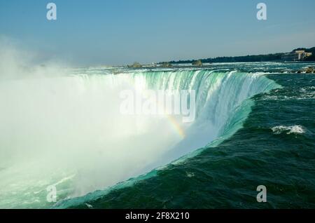 Primo piano sul bordo delle cascate del Niagara canadesi in tempo leggermente nuvoloso e arcobaleno Foto Stock