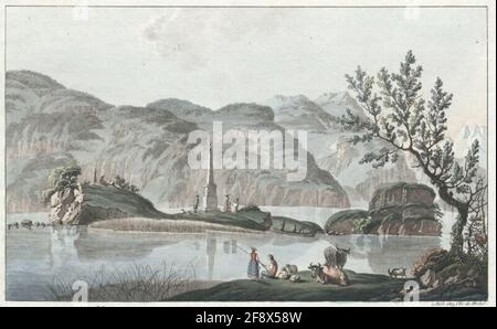 Vista della piccola Isola d'Altstadt sul lago di Lucerna, con il monumento che la Célebra Abbé Raynal ha fatto con energia la gloria dei primi tre fondatori della libertà svizzera. Foto Stock