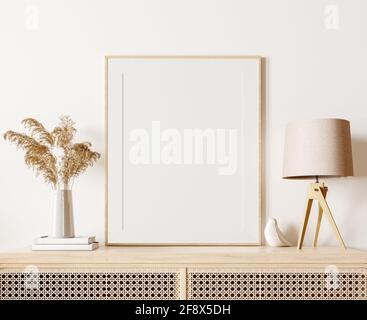 Interni dal design moderno in colori naturali con decorazioni in piante secche e bianco mock-up quadro 3D rendering, illustrazione 3D Foto Stock