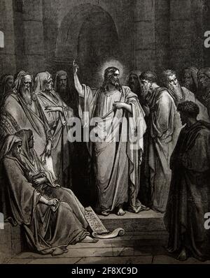 Storia della Bibbia Illustrazione Gesù predicando nella sinagoga (Matthew13:54) da Gustave Dore Foto Stock