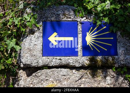 Camino de Santiago segno piastrelle sulla roccia all'aperto. Via del pellegrinaggio di San Giacomo a Santiago de Compostela Foto Stock