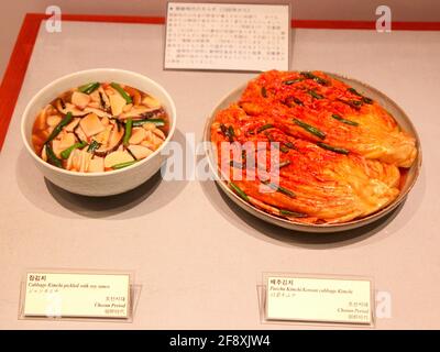 Un'esposizione di un tipico pasto coreano tradizionale di zuppa e kimchi. Al Kimchi Field Museum di Seoul, Corea del Sud. Foto Stock