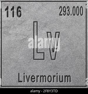 Elemento chimico del Livermorium, segno con numero atomico e peso atomico, elemento Tavola periodica, sfondo argento Foto Stock