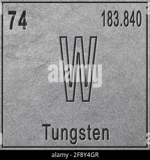 Elemento chimico del tungsteno, segno con numero atomico e peso atomico, elemento Tavola periodica, sfondo argento Foto Stock