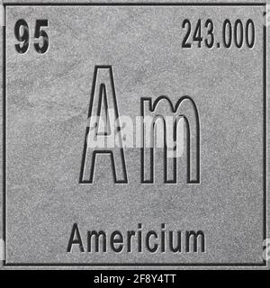 Elemento chimico dell'americio, segno con numero atomico e peso atomico, elemento Tavola periodica, sfondo argento Foto Stock