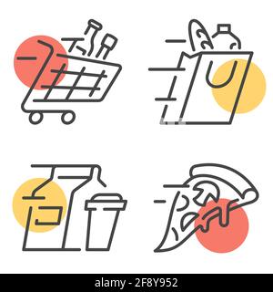 Set di semplici illustrazioni vettoriali lineari che rappresentano il concetto di servizio di consegna di alimenti conveniente. Tratto modificabile. Illustrazione Vettoriale