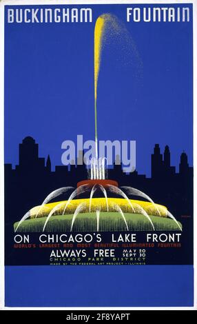 Un poster di viaggio vintage per la Buckingham Fountain a Chicago's. Fronte lago Foto Stock