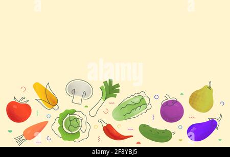 Semplice disegno vettoriale mockup con vari frutti e verdure multicolore raffigurato su sfondo beige Illustrazione Vettoriale