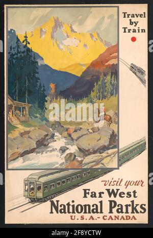 Un poster di viaggio d'epoca per i Parchi nazionali del far West Negli Stati Uniti Foto Stock