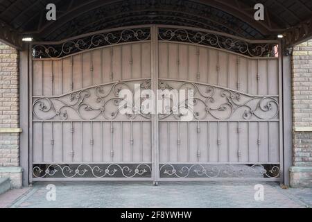 Cancelli in ferro grigio con elementi decorativi Foto Stock