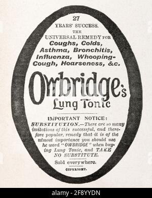 Vecchia rivista vittoriana giornale Owbridge's lung tonic advert dal 1902 - prima dell'alba degli standard pubblicitari. Storia della medicina. Foto Stock