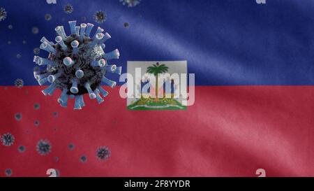 3D, onda bandiera haitiana e concetto di Coronavirus 2019 nCov. Epidemia asiatica ad Haiti, coronavirus influenza come casi pericolosi di ceppo influenzale come pandemi Foto Stock