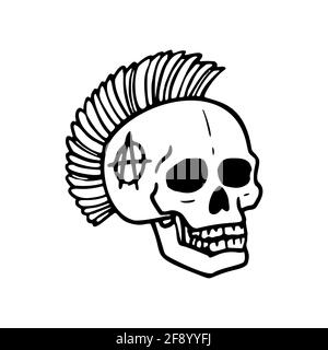 Collezione Punk rock. Cranio umano con simbolo mohawk su sfondo bianco. Illustrazione vettoriale Illustrazione Vettoriale