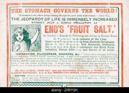 Vecchia rivista vittoriana annata giornale frutta Eno's Salt pubblicità dal 1902 - prima dell'alba degli standard pubblicitari. Storia della medicina. Foto Stock