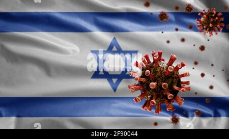 3D, bandiera israeliana sventolando con l'epidemia di coronavirus infettando il sistema respiratorio come influenza pericolosa. Virus di tipo influenzale Covid 19 con Israele nazionale ba Foto Stock