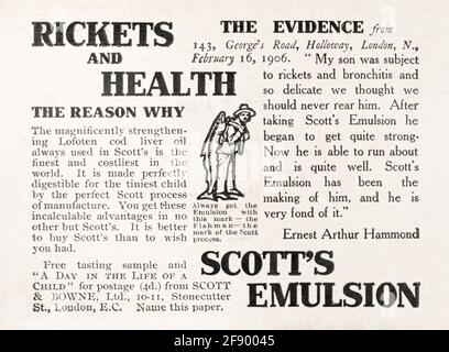 Vecchia rivista vittoriana d'epoca giornale per l'advert Scott's emulsione di medicina influenzale da 1906 - prima degli standard pubblicitari. Foto Stock