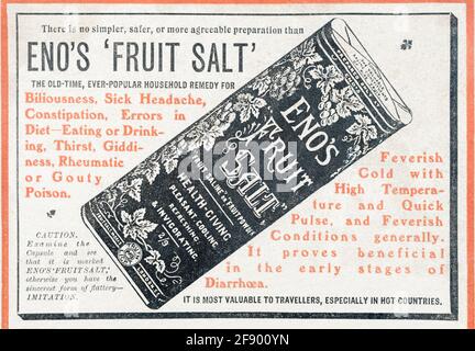 Vecchia rivista edoardiana d'epoca giornale giornale frutta Eno's Salt Advert dal 1912 - prima dell'alba degli standard pubblicitari. Storia della medicina. Foto Stock