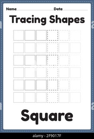 Tracciatura forme foglio di lavoro quadrato per bambini asilo e prescolare per pratica di scrittura a mano e attività educative in una pagina stampabile Illustrazione Vettoriale
