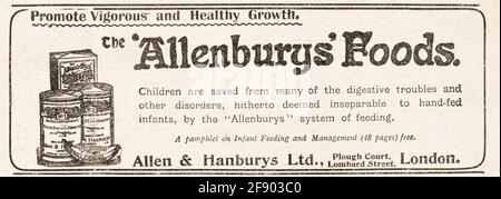 Vecchio stile vittoriano Allen & Hanbury annunci di cibo per bambini dal 1902 - standard pre-pubblicità. Pubblicità di vecchi alimenti, vecchi marchi di alimenti per bambini. Foto Stock
