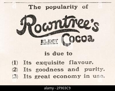 Il vecchio vittoriano vintage ha stampato l'annuncio di cioccolato di Rowntree dal 1906 - prima dell'alba degli standard pubblicitari. Storia del cioccolato di Rowntree. Foto Stock