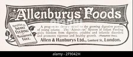 Vecchio stile vittoriano Allen & Hanbury annunci di cibo per bambini dal 1907 - standard pre-pubblicità. Pubblicità di vecchi alimenti, vecchi marchi di alimenti per bambini. Foto Stock