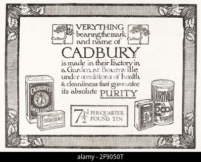 La vecchia edoardiana d'epoca ha stampato l'annuncio di cioccolato di Cadbury dal 1912 - prima dell'alba degli standard pubblicitari. Storia del cioccolato di Cadbury. Foto Stock