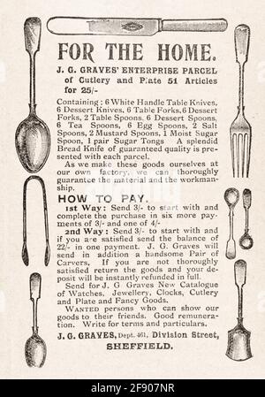 Vecchio giornale vittoriano vintage Sheffield posateria pubblicità da 1901 - prima di standard pubblicitari. Metafora buone manners & etiquette della tabella. Foto Stock