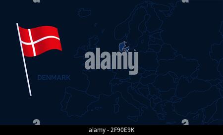 illustrazione vettoriale della mappa della danimarca sull'europa. Mappa di alta qualità Europa con frontiere delle regioni su sfondo scuro con bandiera nazionale. Illustrazione Vettoriale