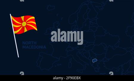 illustrazione vettoriale della mappa nord macedonia sull'europa. Mappa di alta qualità Europa con frontiere delle regioni su sfondo scuro con bandiera nazionale. Illustrazione Vettoriale