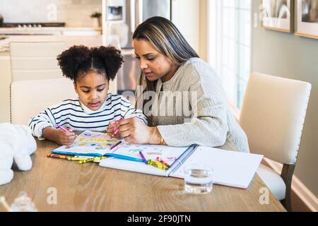 Madre che insegna la figlia nel disegno sul libro mentre sedendo a. tabella Foto Stock