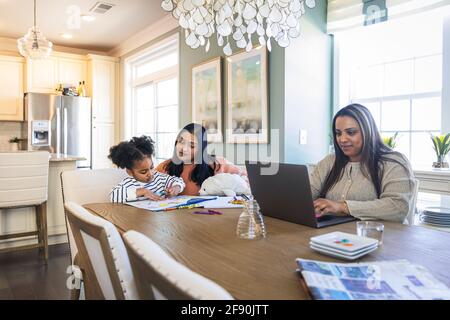 Ragazza colorazione nel libro da nonna, mentre la madre utilizzando il computer portatile a tavola Foto Stock