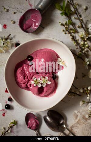 Una ciotola che contiene cialde di gelato al ribes nero guarnito con fiori Foto Stock