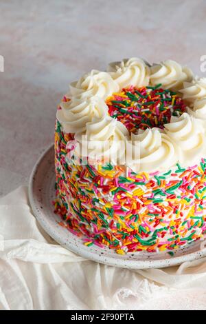 Cospargere la torta con la crema alla vaniglia Foto Stock