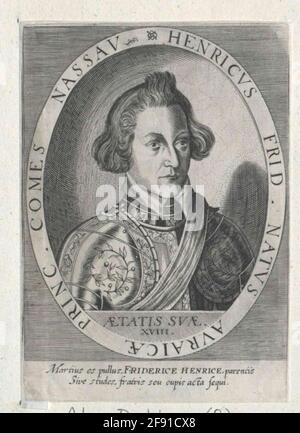 Friedrich Heinrich, Principe di Orania, Conte di Nassau nel 18 ° anno di vita: Petto immagine, metà della destra; BARHAUPT; con collare semplice; in grandbarico; campo bandaggio intorno alla spalla sinistra; nel latino di Unteregment tratteggiato. Età; in cornice ovale con latino. Taster; rettangolare, ambiente di framing tratteggiato; sotto il latino di rappresentazione. Distichon. Incisione di rame, senza terminazione (attribuito Dominikus Custos). Foto Stock