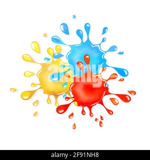 Splash goo glitter. Rosso, giallo e blu scintilla. Gocce e blot lucidi 3d realistici. Illustrazione Vettoriale