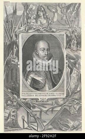 Guglielmo i, principe d'Orania, conte di Nassau Chest, metà della destra; BARHAUPT; con baffi, poco solidi, distintivi; Ad Harnic, con scricchiolio; in ovale, in alto e a sinistra incompleti, seguendo il rettilineo dei quattro angoli tratteggiati, rettangolari; nell'angolo in alto a destra pagina; sotto l'immagine della leggenda latina. L'incisione del rame, senza designazione, [probabilmente di Cornelis Myssensen], si realizza in una cornice incisa con molti trofei di guerra; sopra il suo ritratto di una dea della vittoria antica che tiene una corona di alloro. Foto Stock